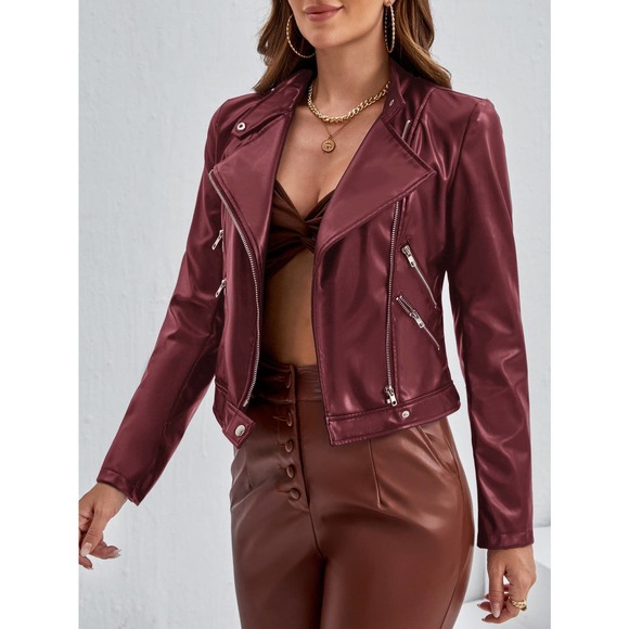WILA Jackets & Blazers - Minimalist Zip Up vegan leather Moto Jacket motorcycle burgundy dark red